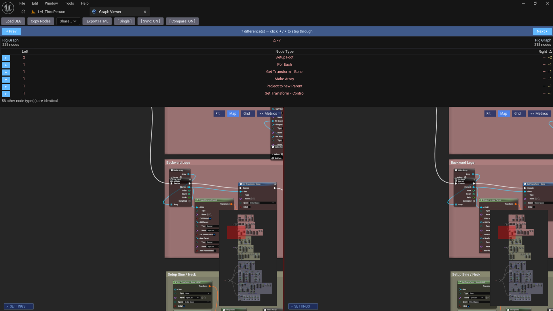 Compare mode showing two graphs side-by-side with 7 differences detected