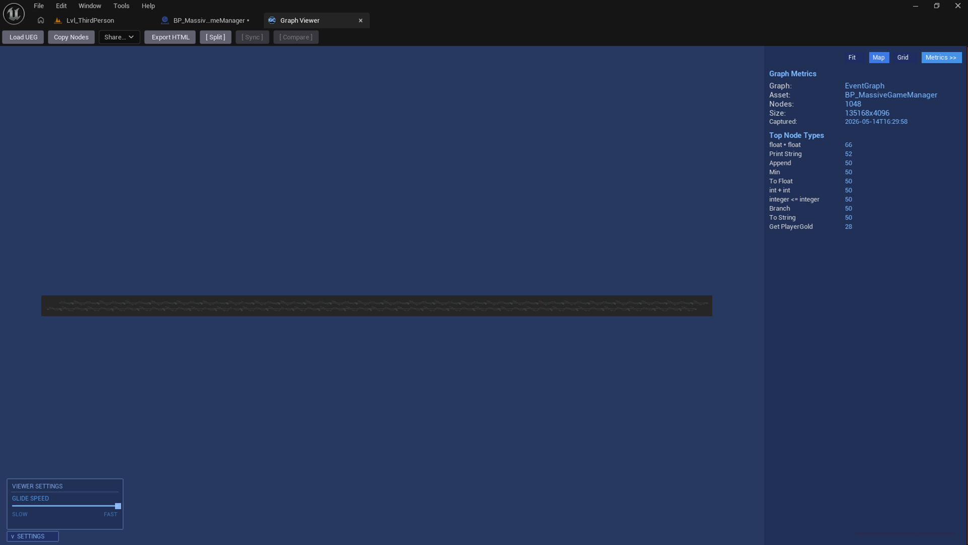 Graph Viewer with Metrics sidebar showing node breakdown and graph stats